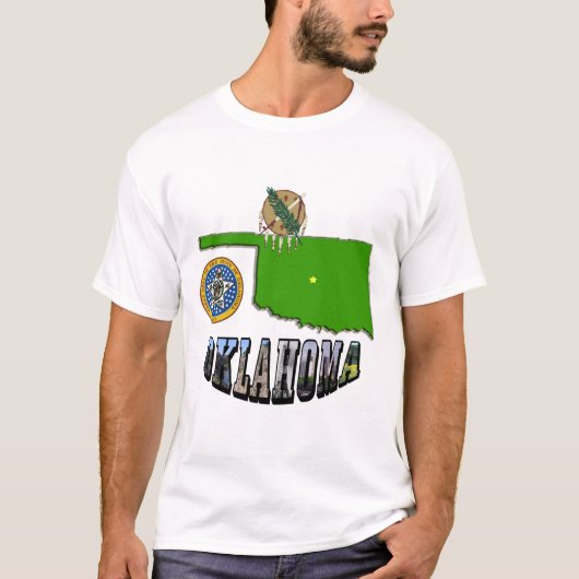 Oklahoma kaart overzicht, zegel en Afbeelding teks T-shirt (Voorkant)
