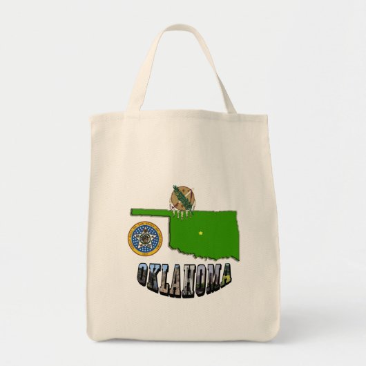 Oklahoma kaart overzicht, zegel en Afbeelding teks Tote Bag (Voorkant)