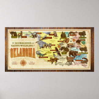 Oklahoma Map: Ecoregions en Native Wildlife Poster