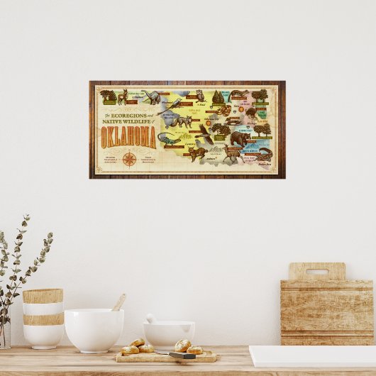 Oklahoma Map: Ecoregions en Native Wildlife Poster (Keuken)