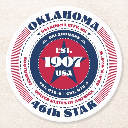 Oklahoma Rood Wit Blauw Typografie Ronde Kartonnen Onderzetter (Voorkant)