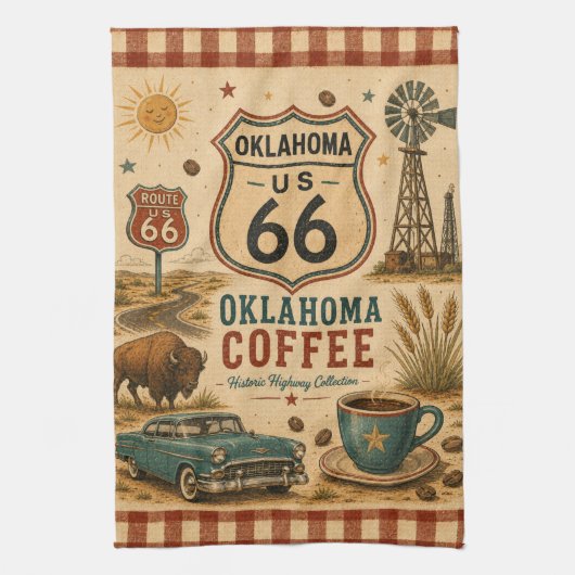 Oklahoma Route 66 Mother Road Coffee Stop Kunst Theedoek (Verticaal)