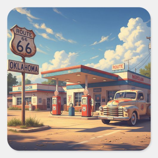 Oklahoma Route 66  tankstation Vierkante Sticker (Voorkant)