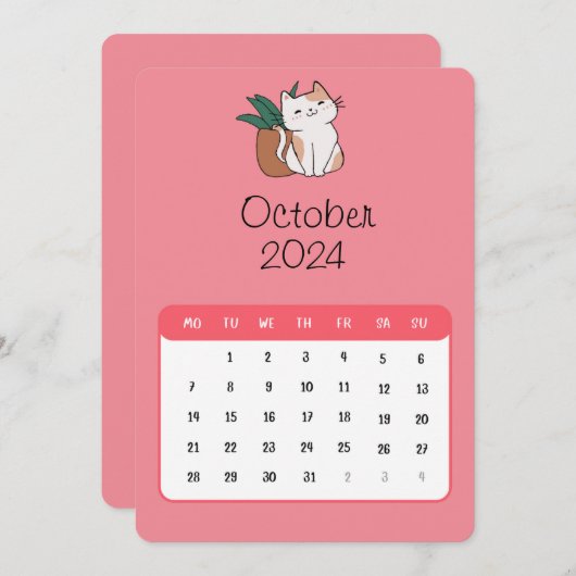Oktober 2024 Stand Alone Kat en Plant Kalender Menu (Voorkant / Achterkant)