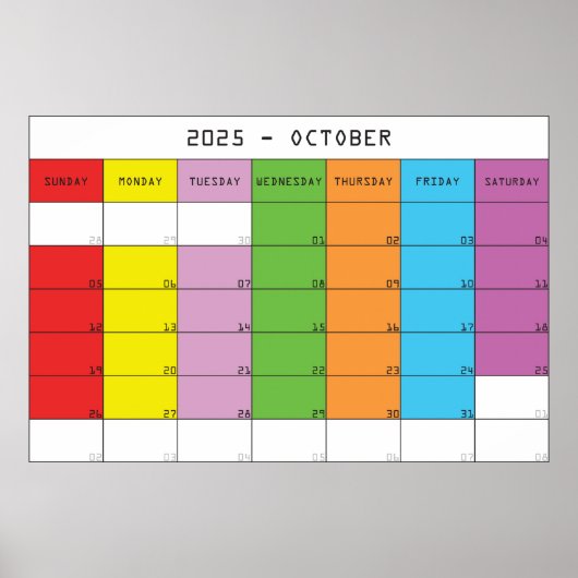 oktober 2025 kleur dagen kalender planner poster (Voorkant)