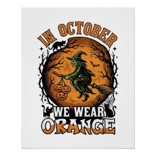 Oktober dragen we oranje vliegende heks pompoenen perfect poster