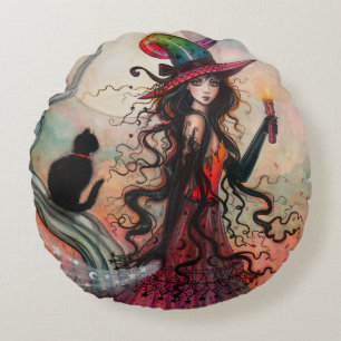 Oktober Flame Halloween Witch en Black Cat Art Rond Kussen