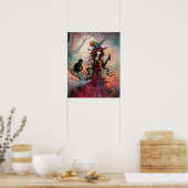 Oktober Flame Witch en Cat Art van Molly Harrison Poster (Keuken)