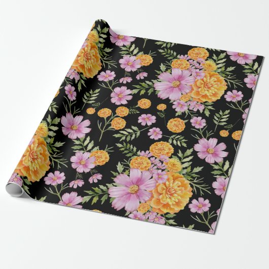 Oktober Geboorte Maand Bloemen Marigold Cosmos Cadeaupapier (Uitgerold)