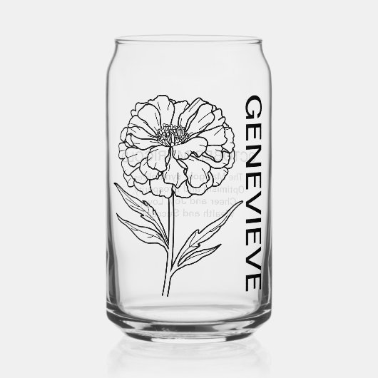 Oktober Geboortebloem Marigold met aangepaste naam Blikvorm Glas (Voorkant)