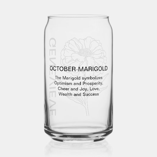 Oktober Geboortebloem Marigold met aangepaste naam Blikvorm Glas (Achterkant)