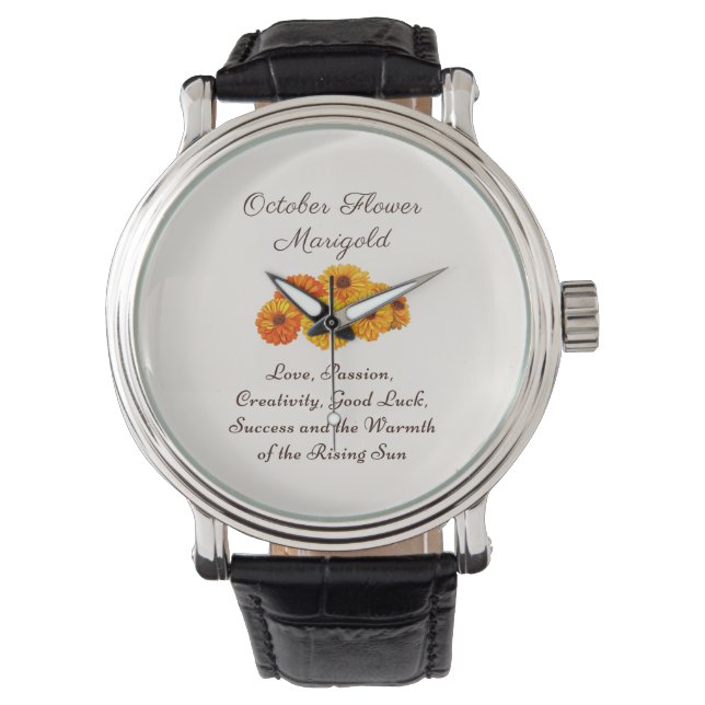 Oktober Geboortemaand Bloem Marigold Elegant Horloge (Voorkant)