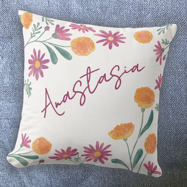 Oktober Geboortemaand Flamingo Cosmos Persoonlijk Kussen (October birthday personalized birth month flower marigold cosmos floral watercolor throw pillow gift)