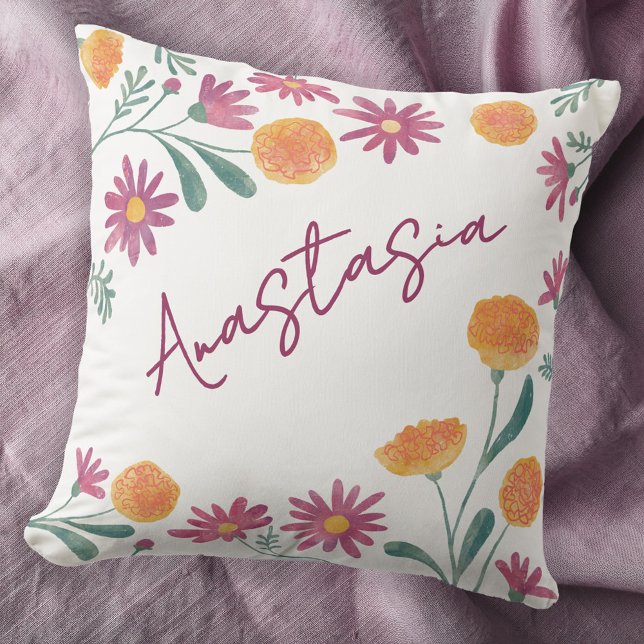 Oktober Geboortemaand Fluitenkruid Cosmos Persoonl Kussen (October birthday personalized birth month flower marigold cosmos floral watercolor throw pillow gift)