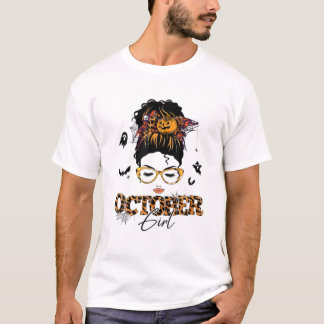 Oktober Girl Messy Bun Hair Halloween Birthday Cos T-shirt