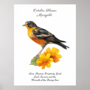 Oktober goudsbloem en vogelgeboorte poster