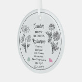 Oktober Marigold en Cosmos Verjaardag Keepsake Glas Ornament (Voorkant links)