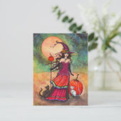 Oktober Moon Witch Cat Halloween Fantasy Art Briefkaart (Staand voorkant)