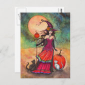 Oktober Moon Witch Cat Halloween Fantasy Art Briefkaart (Voorkant / Achterkant)