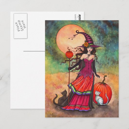 Oktober Moon Witch Cat Halloween Fantasy Art Briefkaart (Voorkant / Achterkant)