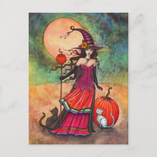 Oktober Moon Witch Cat Halloween Fantasy Art Briefkaart