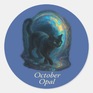 Oktober Opal – Black Cat & iriserende portal Ronde Sticker