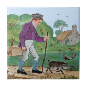 Oktober Polychrome Wedgwood Boy Pig Antiek Repro Tegeltje