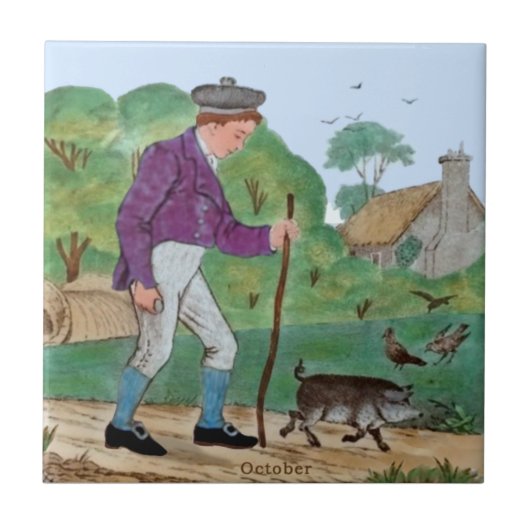 Oktober Polychrome Wedgwood Boy Pig Antiek Repro Tegeltje (Voorkant)