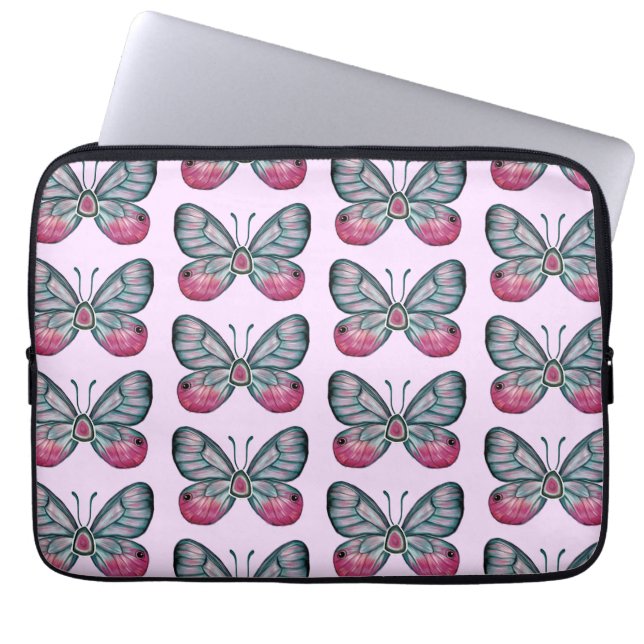 Oktober Roze Glazen Vlinder Patroon Ontwerp Laptop Sleeve (Voorkant)