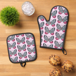 Oktober Roze Glazen Vlinder Patroon Ontwerp Ovenwant & Pannenlap Set