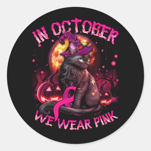 Oktober We Draag Pink Black Cat Witch borstkanker Ronde Sticker (Voorkant)
