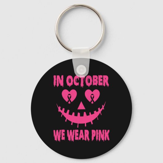 Oktober We Draag Roze Borstkanker Halloween Pumpk Sleutelhanger (Voorkant)