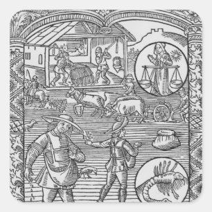 oktober, zaaien, ploegen en dorsen; vierkante sticker