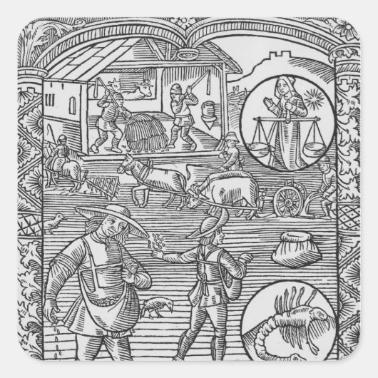 oktober, zaaien, ploegen en dorsen; vierkante sticker (Voorkant)