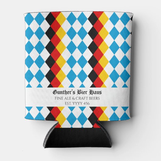 Oktoberfest Aangepast Blauw Zwart Rood Geel Blikjeskoeler (Voorkant)