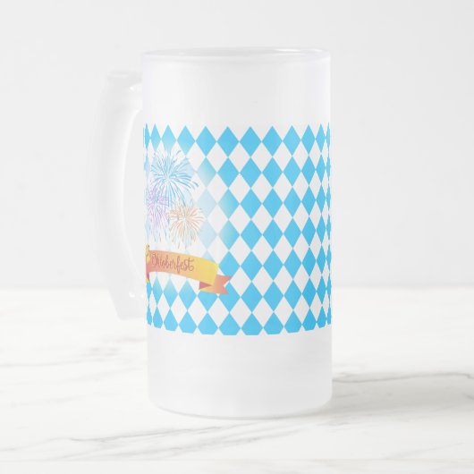 OKTOBERFEST bierfestival decoratie Blauw patroon Matglas Bierpul (Voorkant links)
