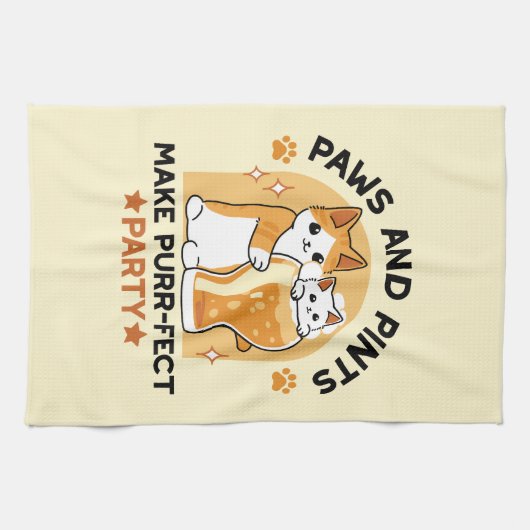 Oktoberfest Cat Party Paws en Pints Theedoek (Horizontaal)