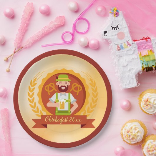 Oktoberfest Man in Alpiene Pet met bier Papieren Bordje (Feest)