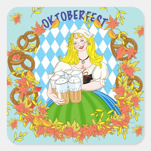 Oktoberfest, meisje en bier vierkante sticker (Voorkant)