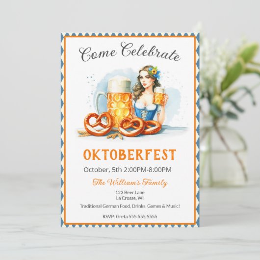 Oktoberfest met bier en pretzelsai kaart (Staand voorkant)