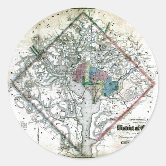 Old 1862 Washington District of Columbia Map Ronde Sticker (Voorkant)