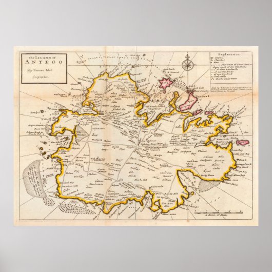 Old Antigua Map (1736)  Waladli Island Atla Poster (Voorkant)