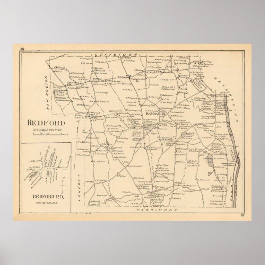 Old Bedford NH Map (1892) Poster (Voorkant)