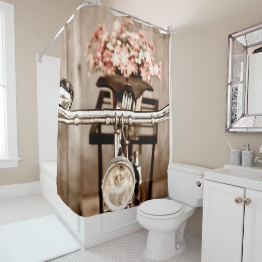 Old bicycle and flowers blur in background process douchegordijn (In situ)