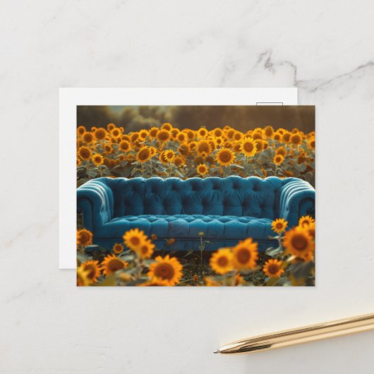 Old Blue Couch in Sunflowers Briefkaart (Voorkant / Achterkant in situ)