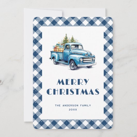 Old Blue Truck Gingham Plaid Vrolijke Kerst Kaart (Voorkant)