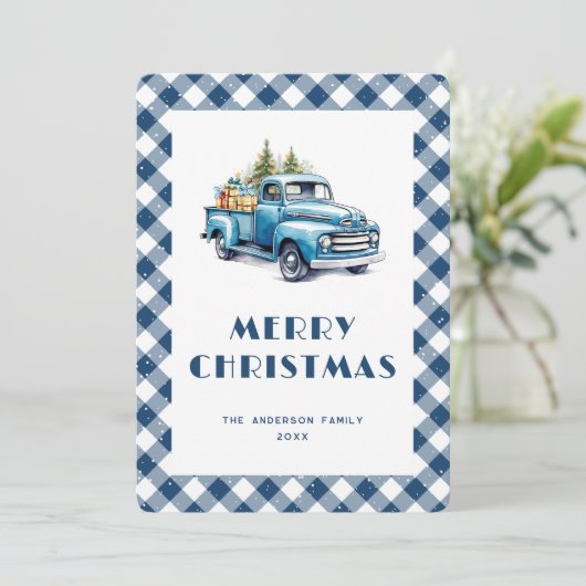 Old Blue Truck Gingham Plaid Vrolijke Kerst Kaart (Staand voorkant)