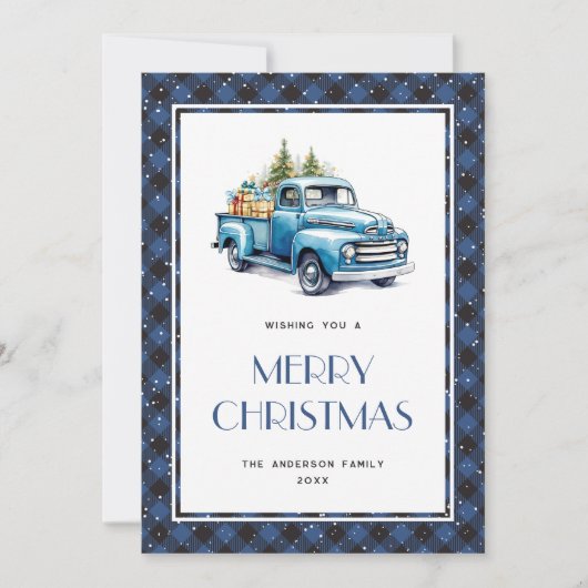 Old Blue Truck Plaid Snowy Merry Christmas Kaart (Voorkant)