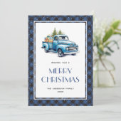 Old Blue Truck Plaid Snowy Merry Christmas Kaart (Staand voorkant)