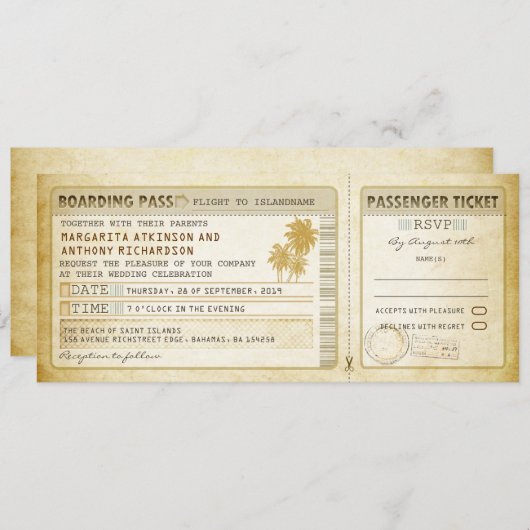 Old Boarding Pass Wedding Tickets-Invites & RSVP Kaart (Voorkant / Achterkant)